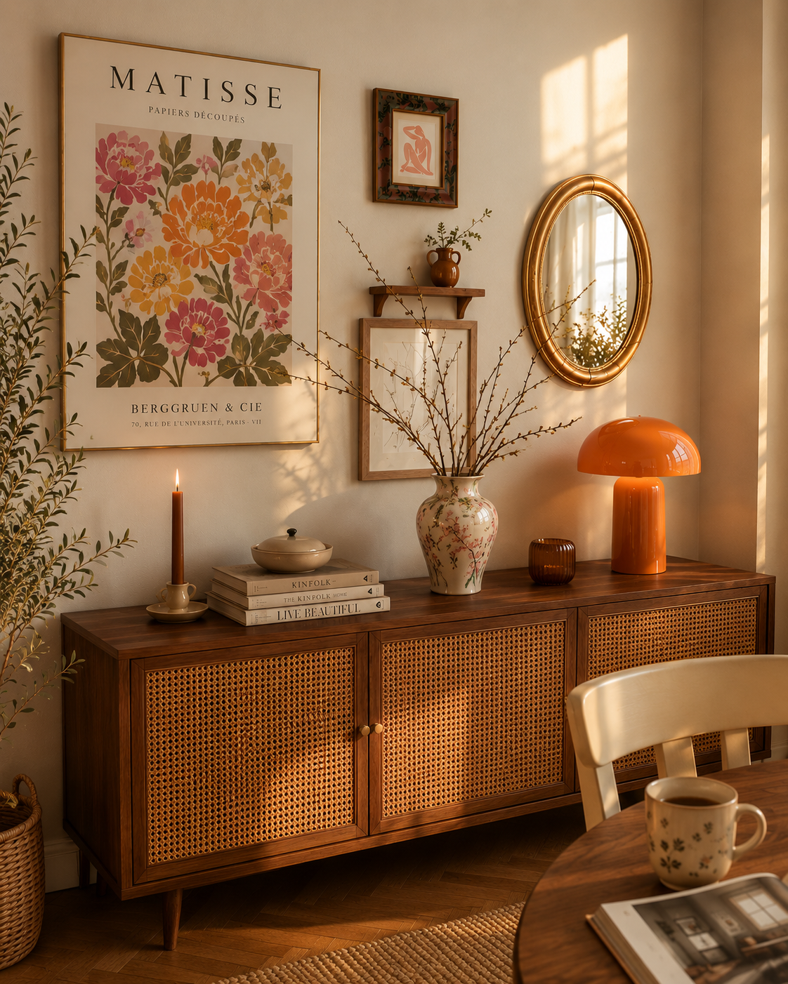 Cozy vintage interior with warm wood furniture, floral wall art and an orange mushroom lamp